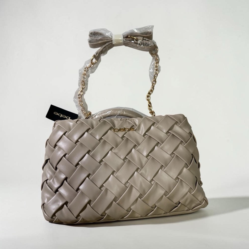 bebe Braided Shoulder Bag in Taupe Gray with Gold Chain